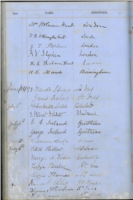 A young Virginia Woolf - "A V Stephen" - signed beneath her brother Thoby - "J T Stephen" - in this logbook for the lighthouse near their family's summer home.  