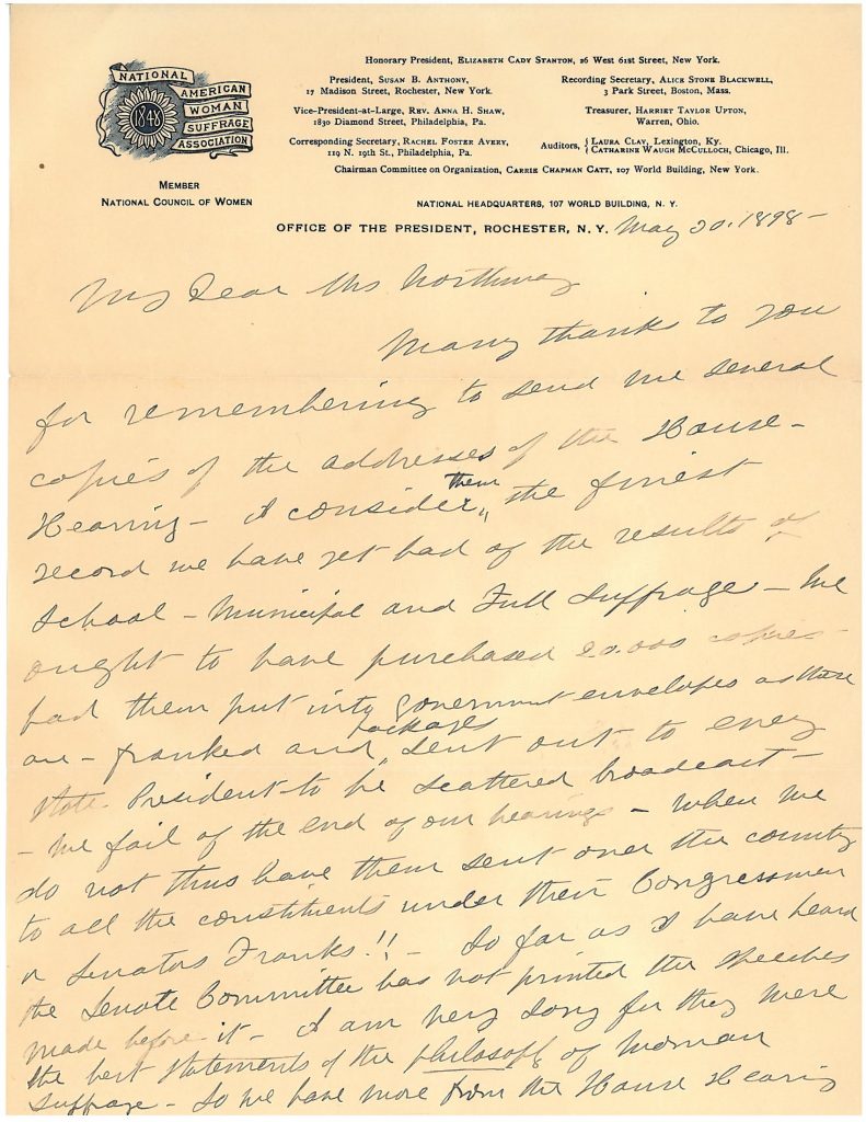 Autograph letter signed by Susan B. Anthony