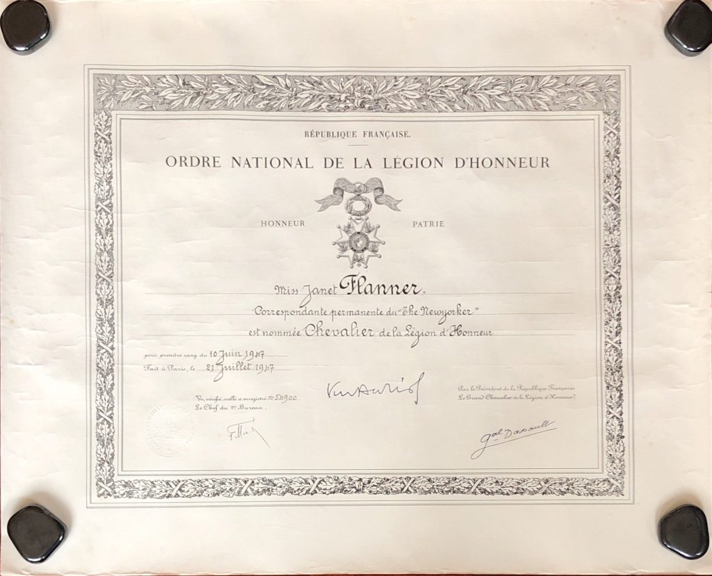 Janet Flanner's Legion of Honor Certificate
