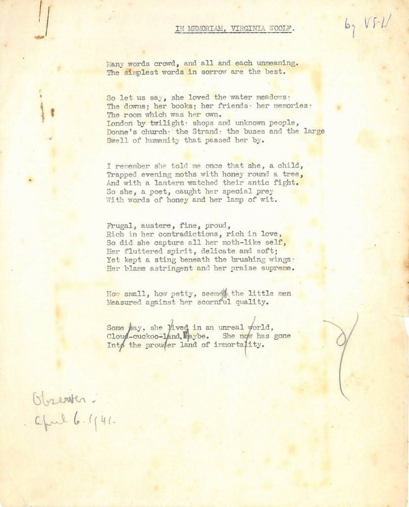 Vita Sackville-West's annotated typescript memorial poem for Virginia Woolf