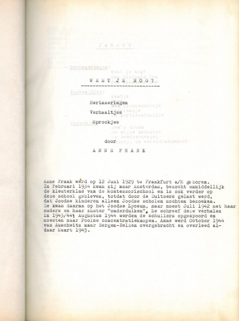 Otto Frank’s emended typescript of WEET JE NOG?, Anne Frank's collection of short stories written in hiding